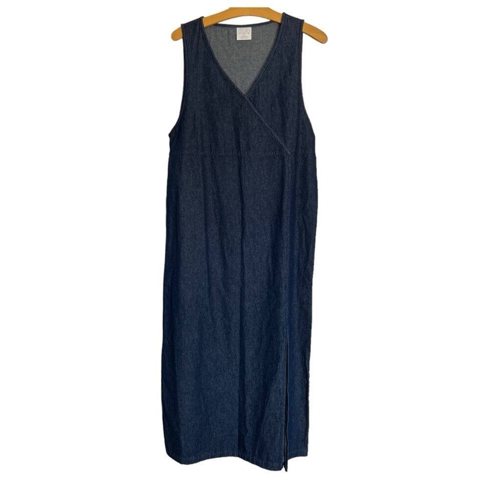 Y2K 90s Style Studio Denim Midi Dress Sleeveless Surplice V Neck Wrap Size Small